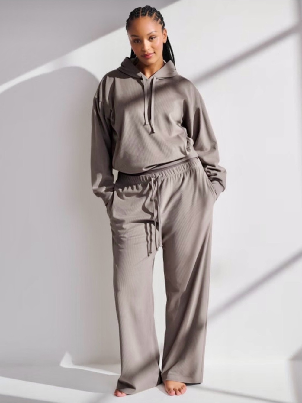 Abercrombie YPB Restore Collection Ribbed Hoodie & Wide Leg Pants Set Taupe L